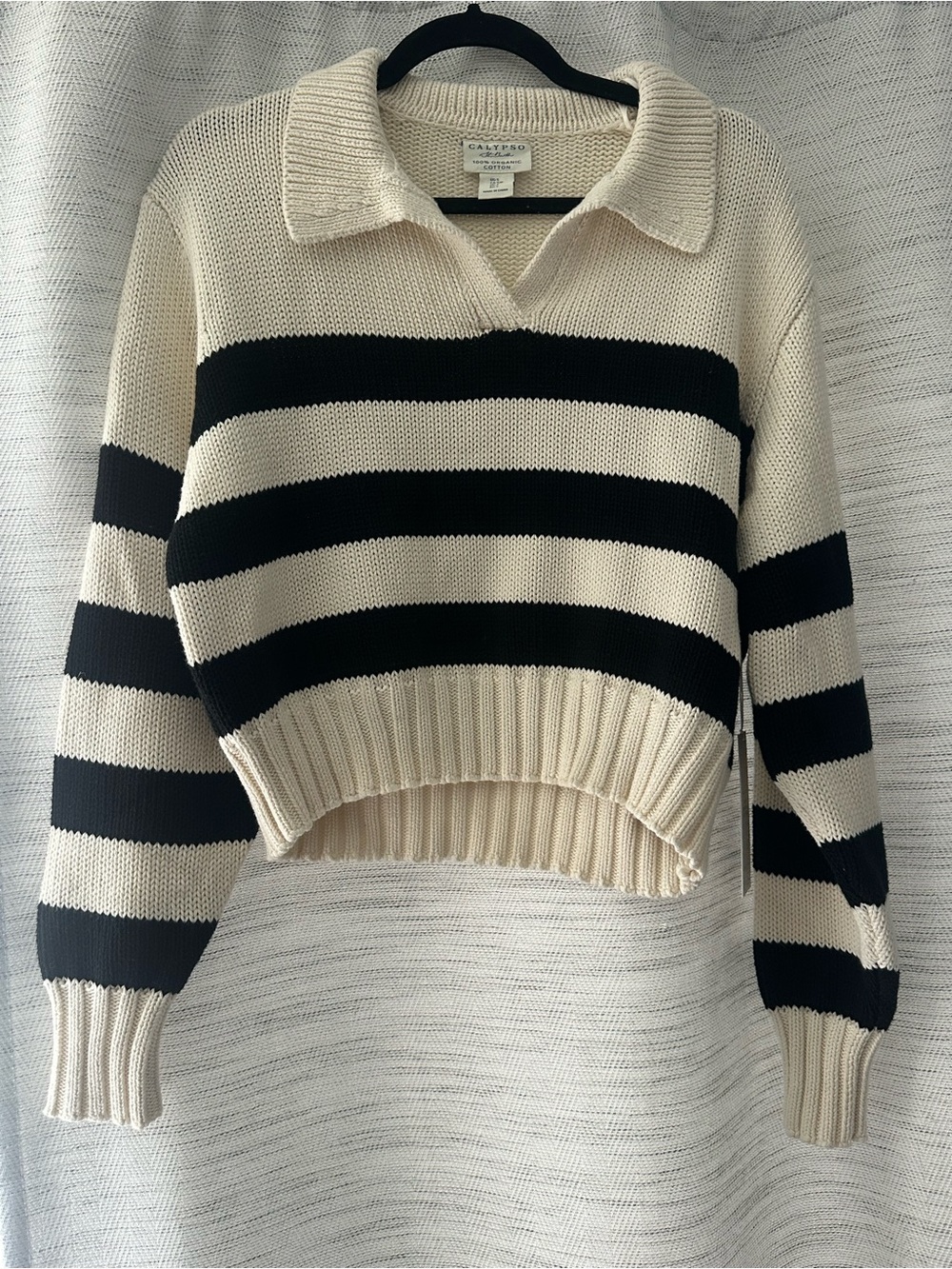 Calypso St. Barth Cream and Black Striped Polo-Collar Cropped Sweater